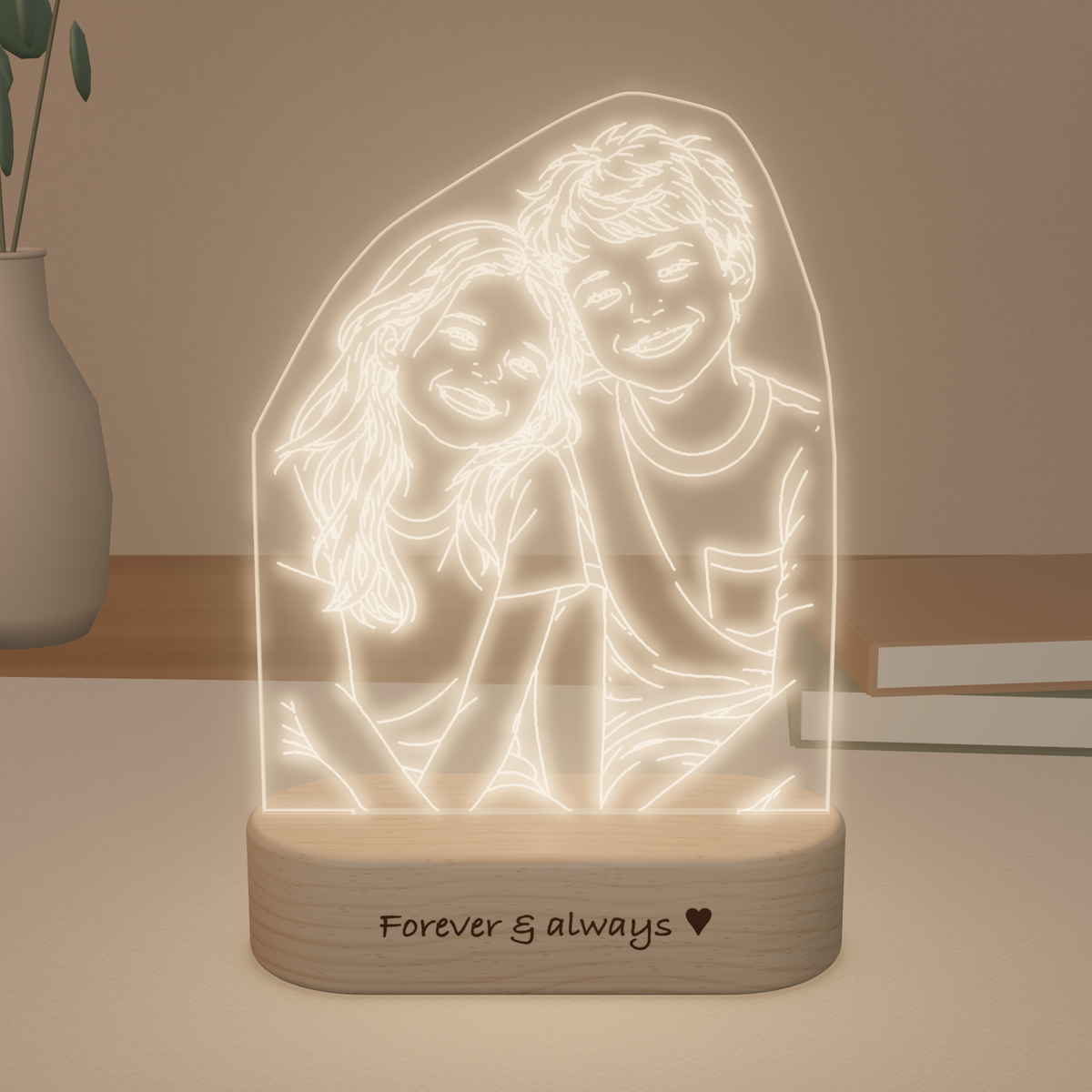 Personalised photo night light with illuminated line art and natural timber base