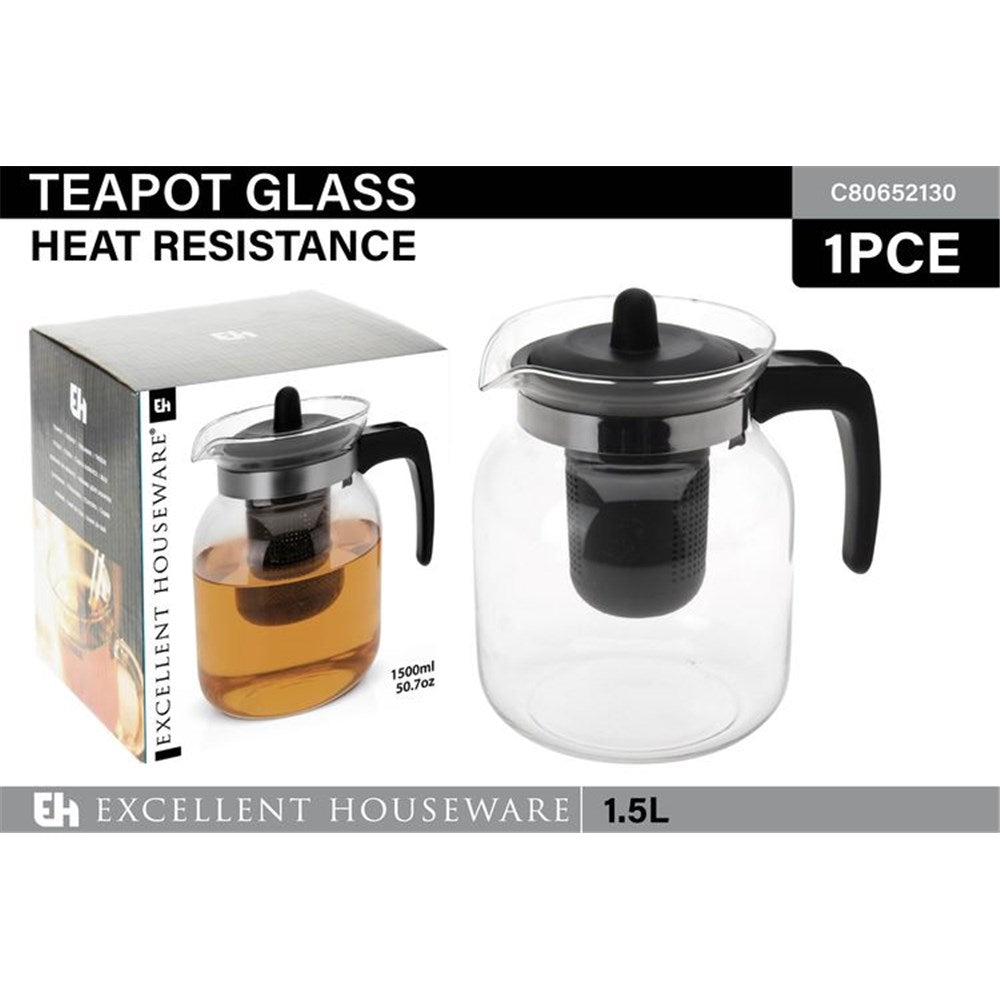 clear round glass body; black plastic handle; black removable infuser; heat-resistant glass; transparent lid with black knob;