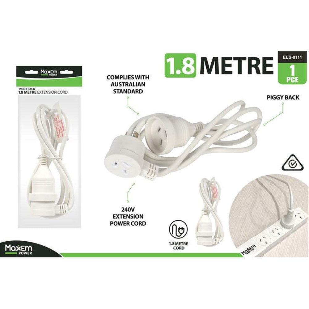 white colour; piggy back plug; 1.8 metre length; Australian standard plug shape; plastic insulation;