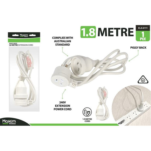 white colour; piggy back plug; 1.8 metre length; Australian standard plug shape; plastic insulation;