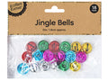 18 metallic jingle bells; assorted colours including red, green, blue, pink, yellow, silver; 1.8cm diameter; clear plastic packaging with cardboard label;