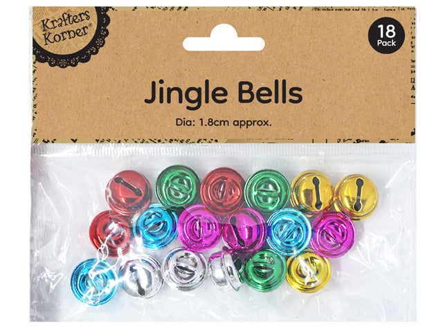 18 metallic jingle bells; assorted colours including red, green, blue, pink, yellow, silver; 1.8cm diameter; clear plastic packaging with cardboard label;