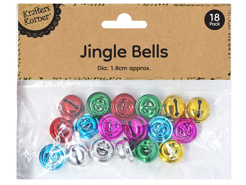 18 metallic jingle bells; assorted colours including red, green, blue, pink, yellow, silver; 1.8cm diameter; clear plastic packaging with cardboard label;