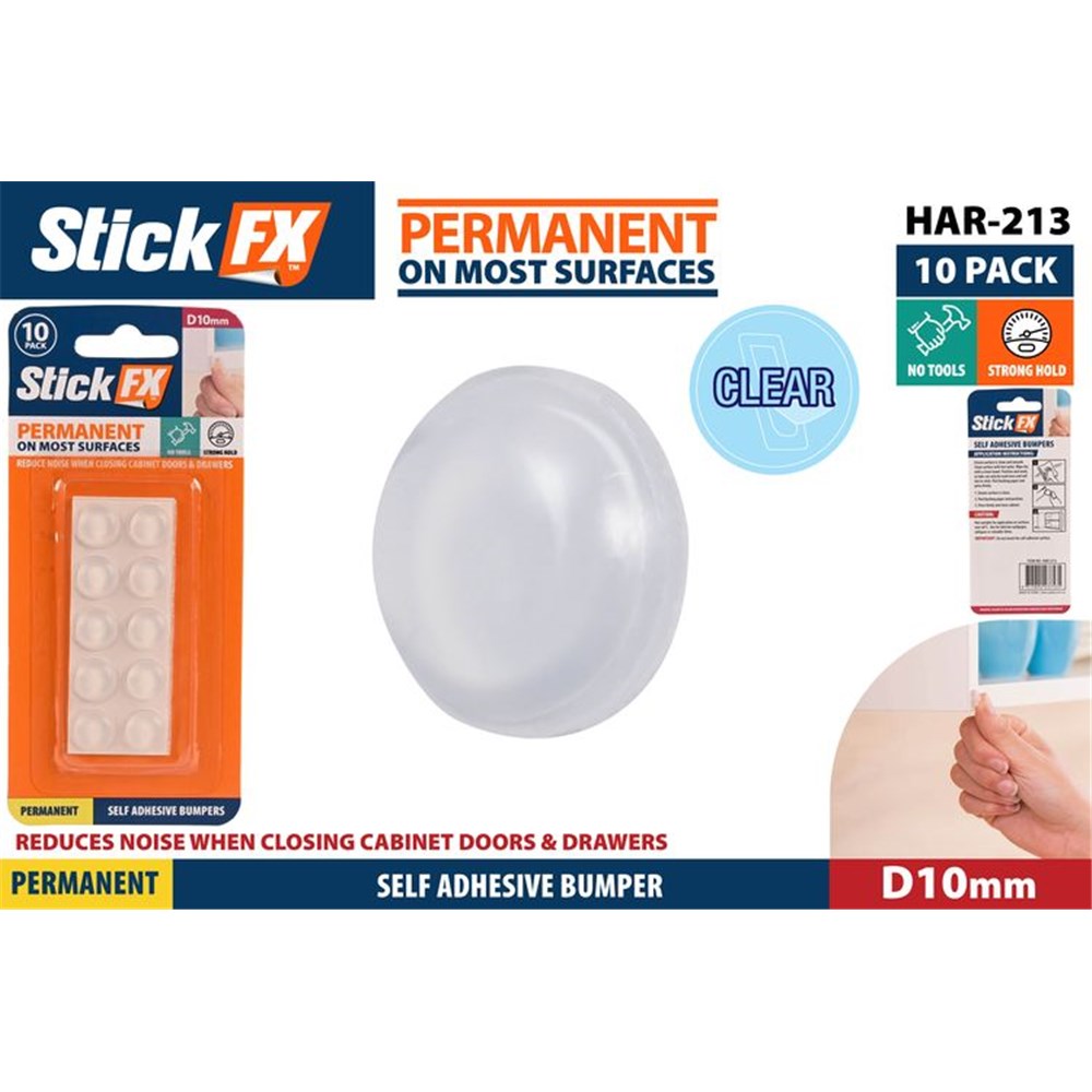 clear round bumpers; 10mm diameter size; 10 pack blister packaging; Stick FX branding; orange and blue colour scheme on packaging;