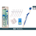 white and blue toothbrush with cover; packaged kit including toothbrush, dental floss, floss picks; blue dental floss container labelled 15m; five white dental floss picks; clear plastic cover for toothbrush;