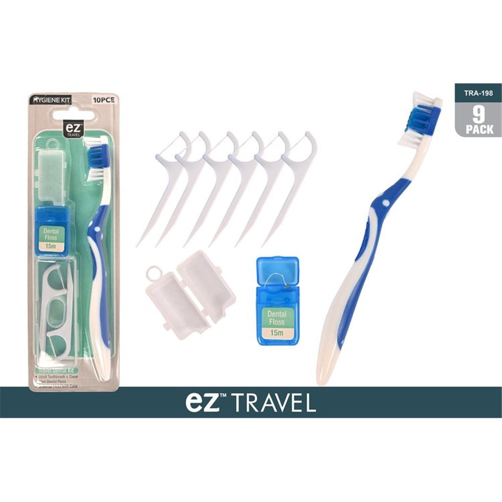 white and blue toothbrush with cover; packaged kit including toothbrush, dental floss, floss picks; blue dental floss container labelled 15m; five white dental floss picks; clear plastic cover for toothbrush;