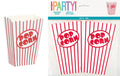 red and white vertical stripes; popcorn text logo; cardboard material; scalloped top edge;