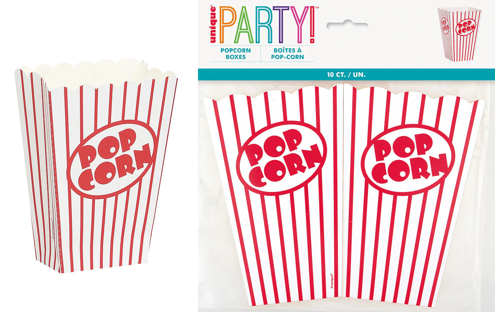 red and white vertical stripes; popcorn text logo; cardboard material; scalloped top edge;