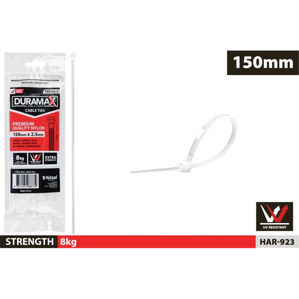 white nylon cable ties; pack of 100 ties; 150mm length; 2.5mm width; packaging with red and black label;