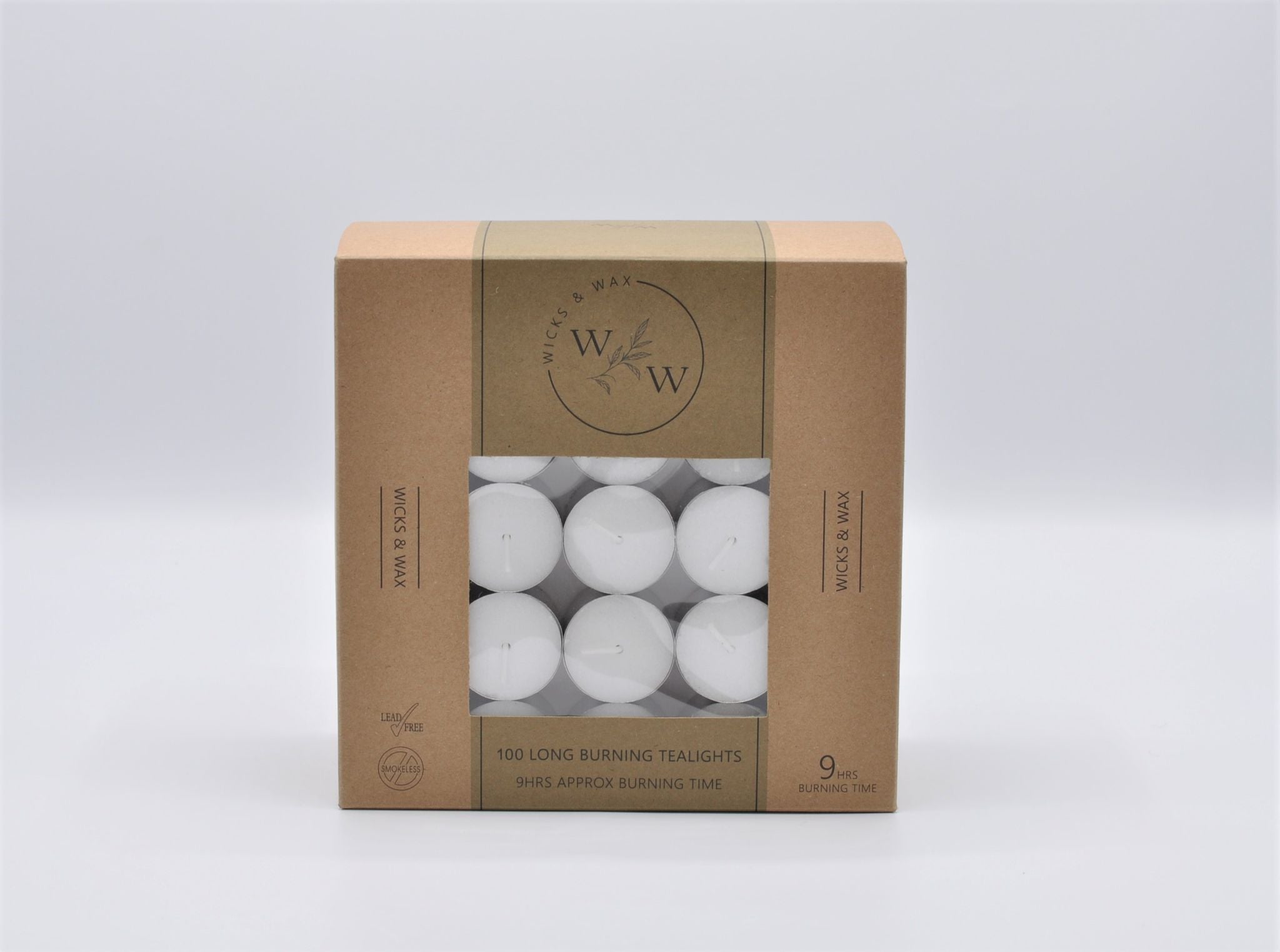 brown cardboard box packaging; white tealight candles in clear plastic cups; pack window showing multiple tealights; text indicating 9 hours burning time; simple, eco-style design;