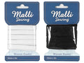 10mm width elastic; 3 metres length; black elastic variant; white elastic variant; packaged on Malli Sewing branded card;