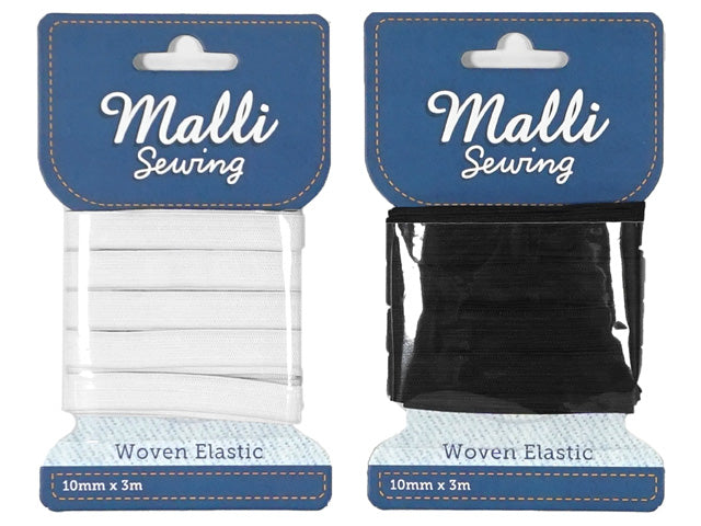 10mm width elastic; 3 metres length; black elastic variant; white elastic variant; packaged on Malli Sewing branded card;