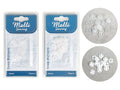 white snap fasteners; plastic material; 10mm diameter; 15 pairs per pack; rectangular blister packaging with blue label;