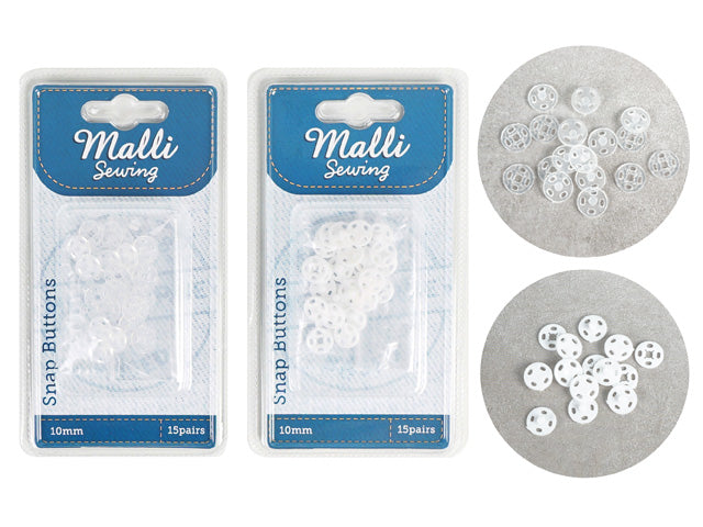 white snap fasteners; plastic material; 10mm diameter; 15 pairs per pack; rectangular blister packaging with blue label;