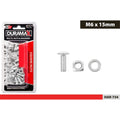 10 pieces per pack; Zinc coated metal finish; Includes nuts, bolts, and washers; Square nuts shape; M6 x 15mm size labelled;