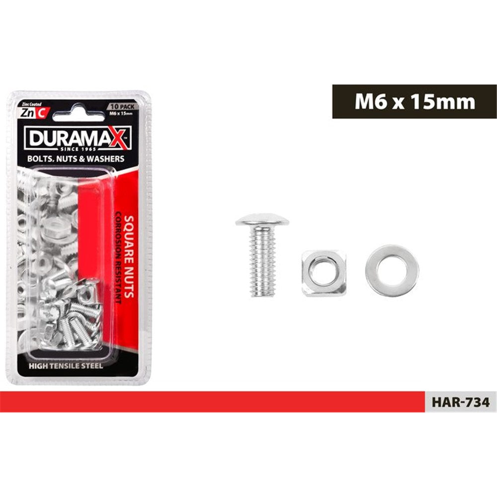 10 pieces per pack; Zinc coated metal finish; Includes nuts, bolts, and washers; Square nuts shape; M6 x 15mm size labelled;