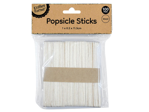 natural wood colour; pack of 100 sticks; rectangular shape with rounded ends; thin and flat sticks; packaged in clear plastic pouch with cardboard header;