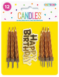 12 gold twist candles; plastic holders; gold and white Happy Birthday cake decoration; yellow packaging background; confetti design on packaging;