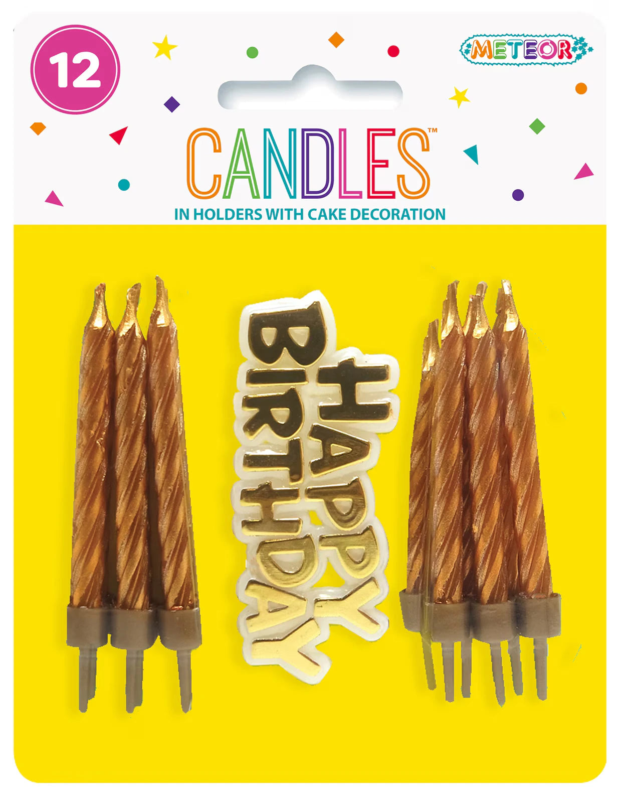 12 gold twist candles; plastic holders; gold and white Happy Birthday cake decoration; yellow packaging background; confetti design on packaging;