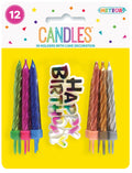 12 candles in assorted metallic colours; Candles mounted on coloured plastic holders; Includes multicoloured "Happy Birthday" cake decoration; Packaging features bright yellow background with confetti design;