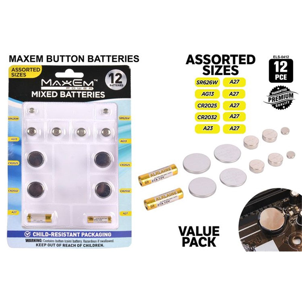 Blister pack with 12 batteries; Mixed button cell sizes including SR626W, AG13, CR2025, CR2032; Includes small A23 and A27 alkaline batteries; Child-resistant packaging; Brand Maxem logo visible;