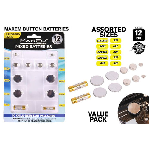 Blister pack with 12 batteries; Mixed button cell sizes including SR626W, AG13, CR2025, CR2032; Includes small A23 and A27 alkaline batteries; Child-resistant packaging; Brand Maxem logo visible;