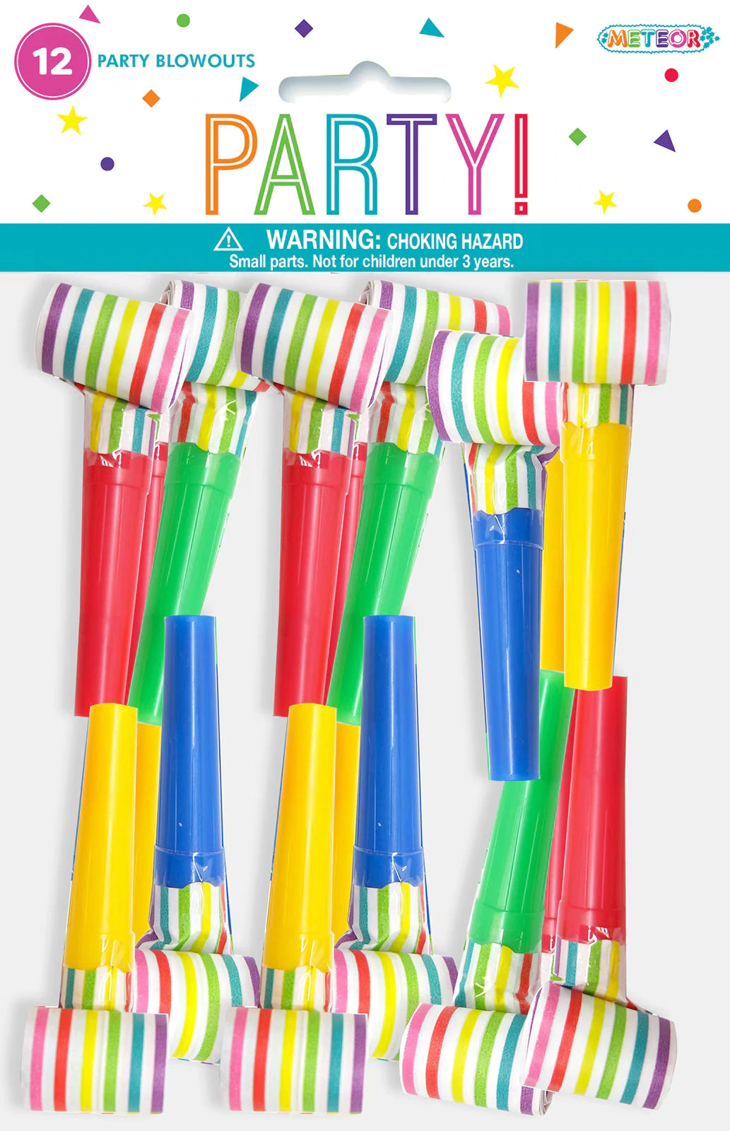 12 blowouts in package; Striped multicolour paper mouthpieces; Plastic mouthpieces in red, green, blue, yellow; Packaging with 'PARTY!' brand label; Warning label about choking hazard;
