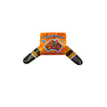 12 inch size; plywood material; hand-painted Aboriginal style artwork; orange and black colours; packaged with label featuring Australian outline;