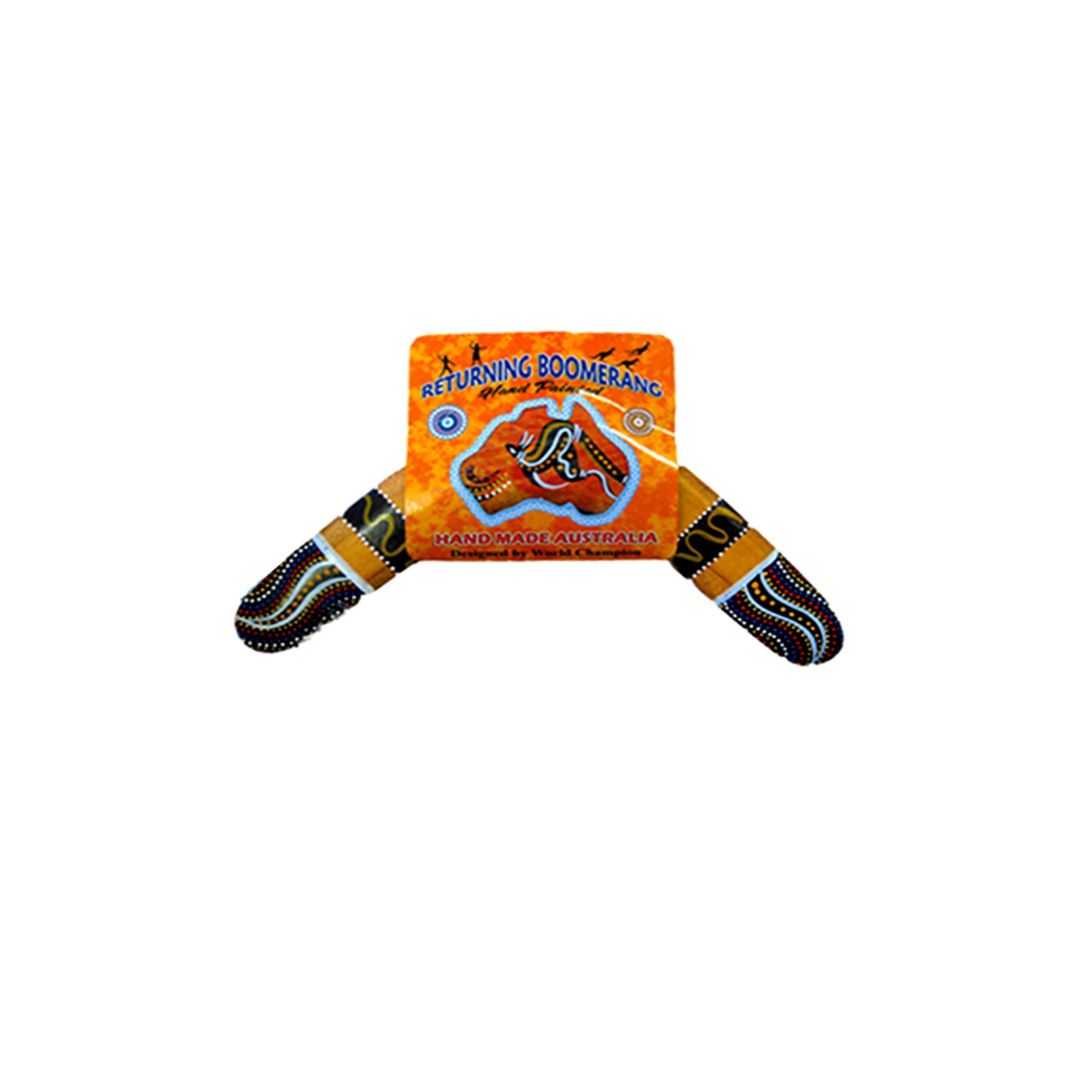 12 inch size; plywood material; hand-painted Aboriginal style artwork; orange and black colours; packaged with label featuring Australian outline;