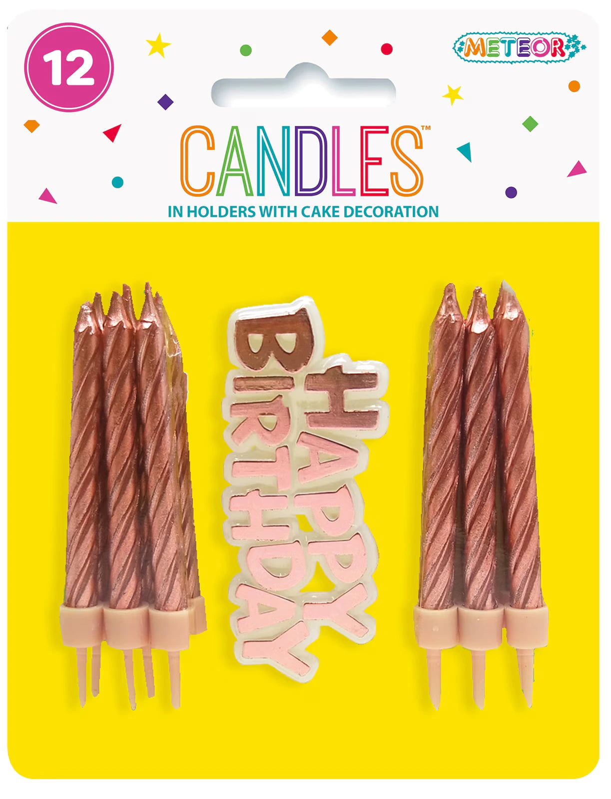 12 spiral candles in rose gold colour; Candles include light beige holders; White and rose gold 'Happy Birthday' cake decoration; Packaging shows the Meteor brand and colourful confetti design;