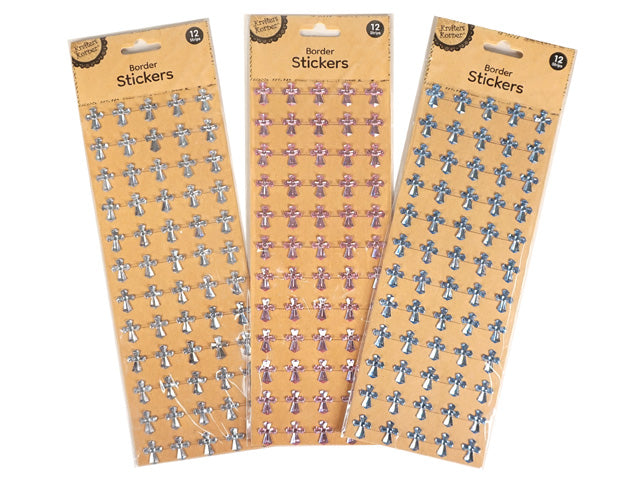 12 strips per pack; cross-shaped stickers; metallic finish; colours: silver, pink, blue; kraft backing packaging;