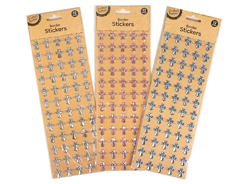 12 strips per pack; cross-shaped stickers; metallic finish; colours: silver, pink, blue; kraft backing packaging;