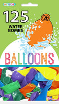 assorted colour latex balloons; packaging shows water splash graphic; 125 quantity indicated on pack; balloons appear deflated and loose in pack;
