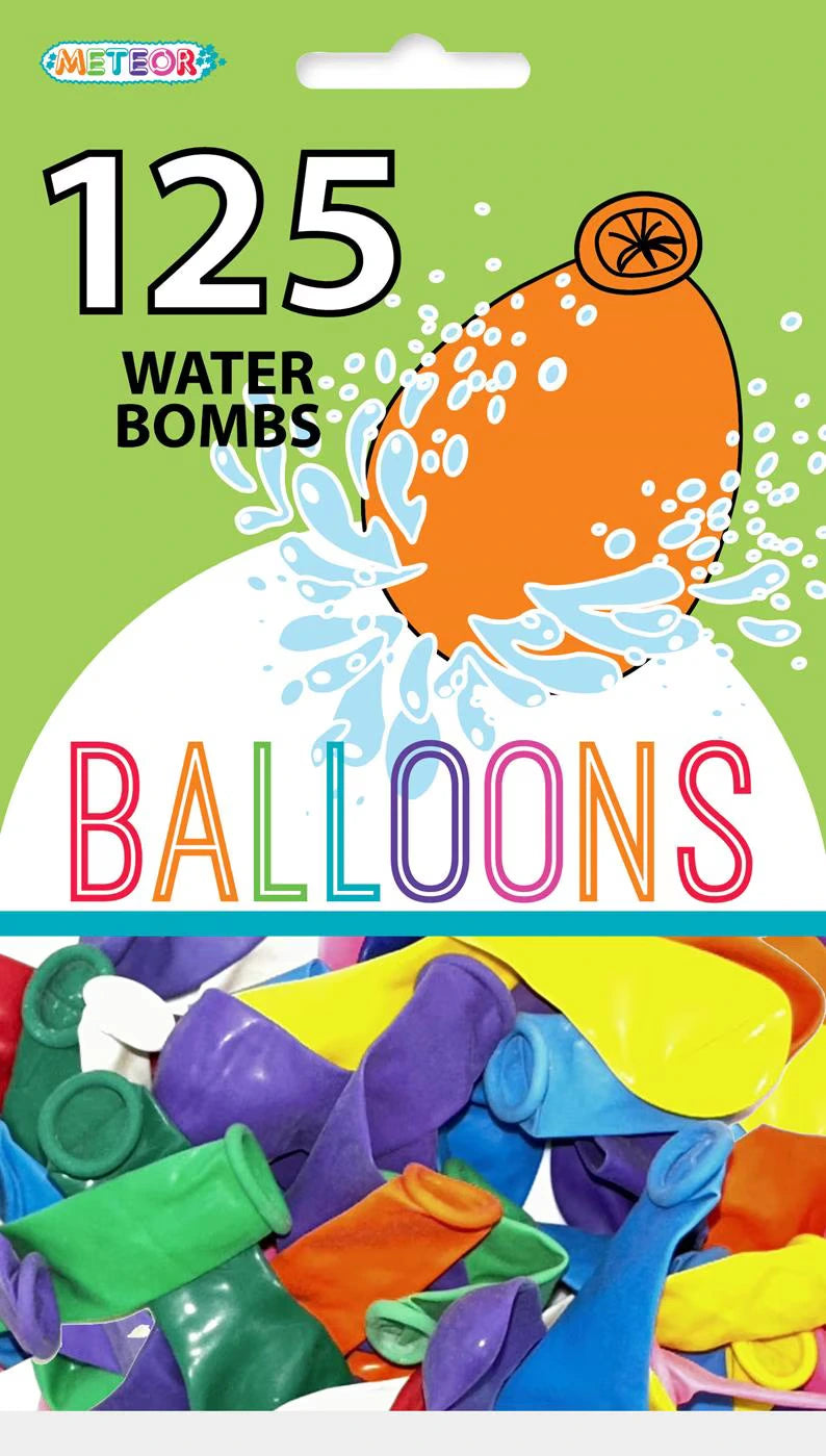 assorted colour latex balloons; packaging shows water splash graphic; 125 quantity indicated on pack; balloons appear deflated and loose in pack;