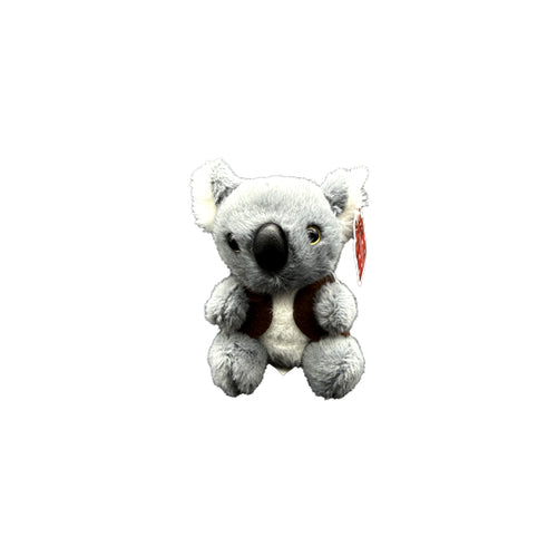 grey plush koala; brown jacket detail; black nose; small size around 12cm; plush soft material;
