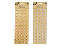 metallic gold and silver heart-shaped stickers; 12mm size hearts; packaged on brown kraft card backing; 12 sticker strips per pack;