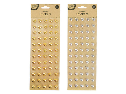 metallic gold and silver heart-shaped stickers; 12mm size hearts; packaged on brown kraft card backing; 12 sticker strips per pack;