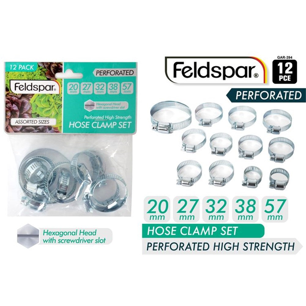 Silver metal clamps; Perforated band design; Hexagonal head with screwdriver slot; Assorted clamp sizes; Plastic packaging with label;
