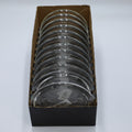 clear transparent glass; round plate shape; flat surface; packed in a cardboard display box;
