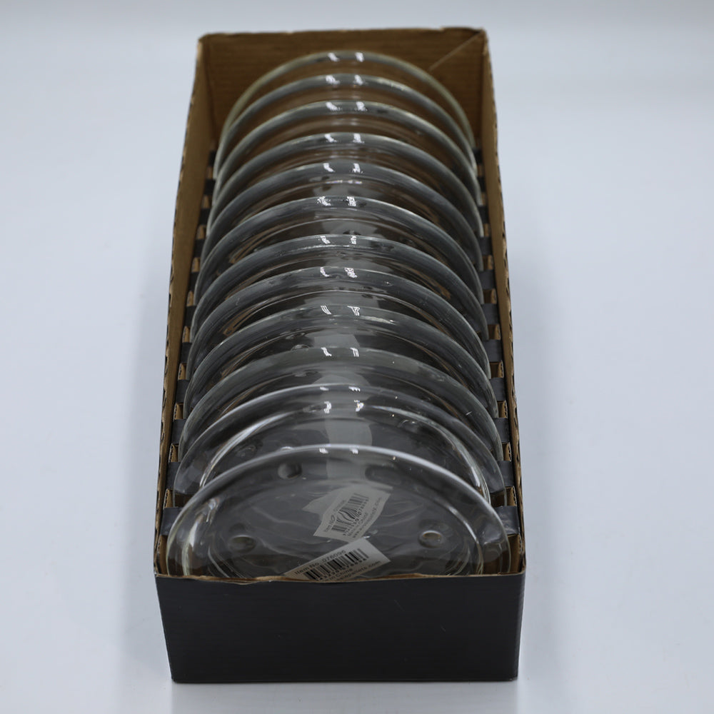 clear transparent glass; round plate shape; flat surface; packed in a cardboard display box;