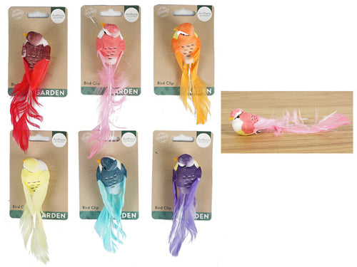 Colourful feather birds in red, pink, orange, yellow, blue and purple; Feather tail detailing; Packaged on card with hanging hole; Clip attached underneath each bird;