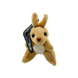 tan and cream colour plush; small kangaroo shape; black and white branded tag attached; soft fabric texture;