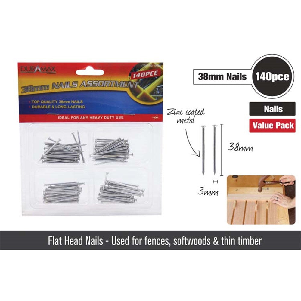 140 piece pack; zinc coated metal nails; flat head design; 38mm length; compartment style packaging;