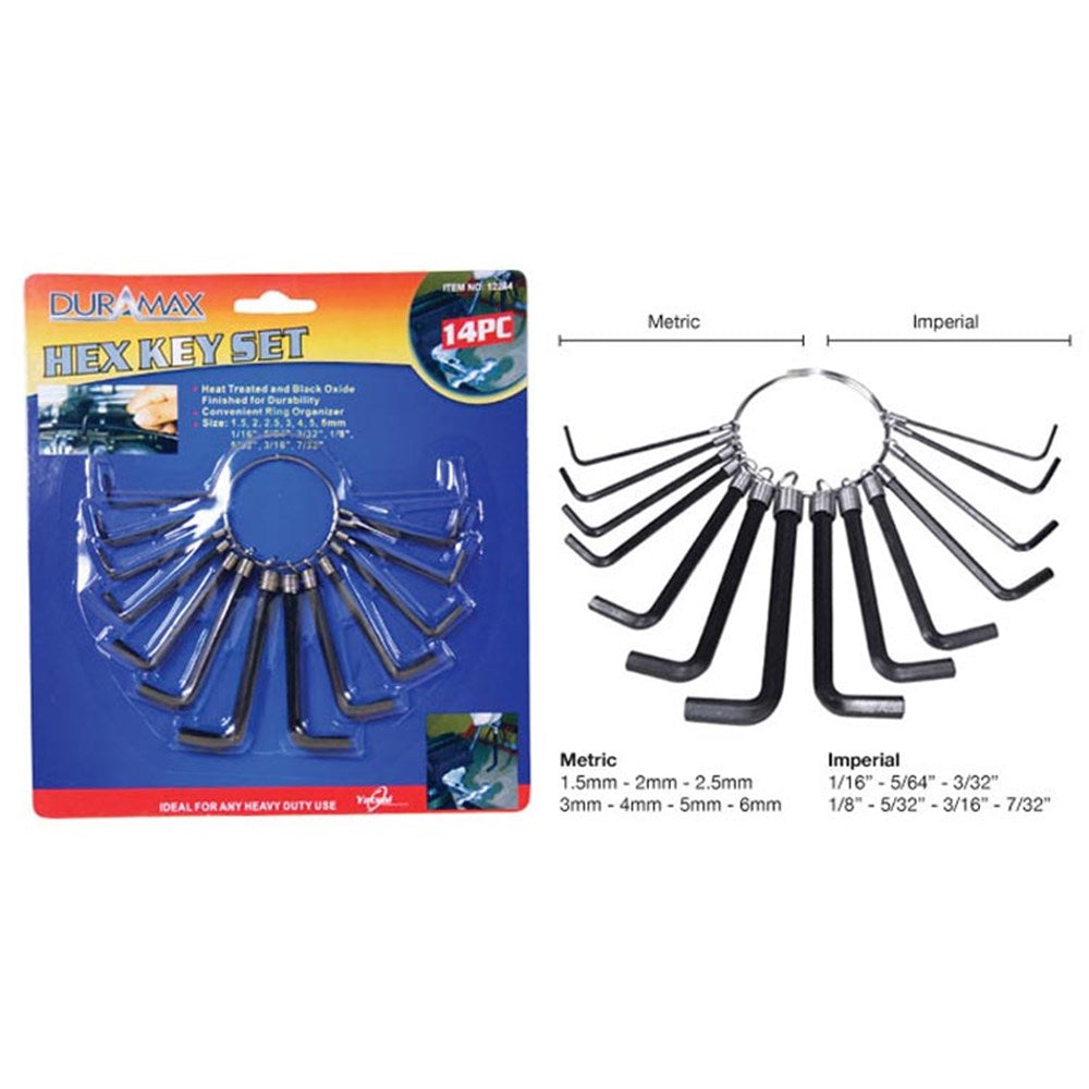 14 piece set; keys attached on a metal ring; black oxide finish on keys; packaged on a blue and red card; includes metric and imperial sizes;