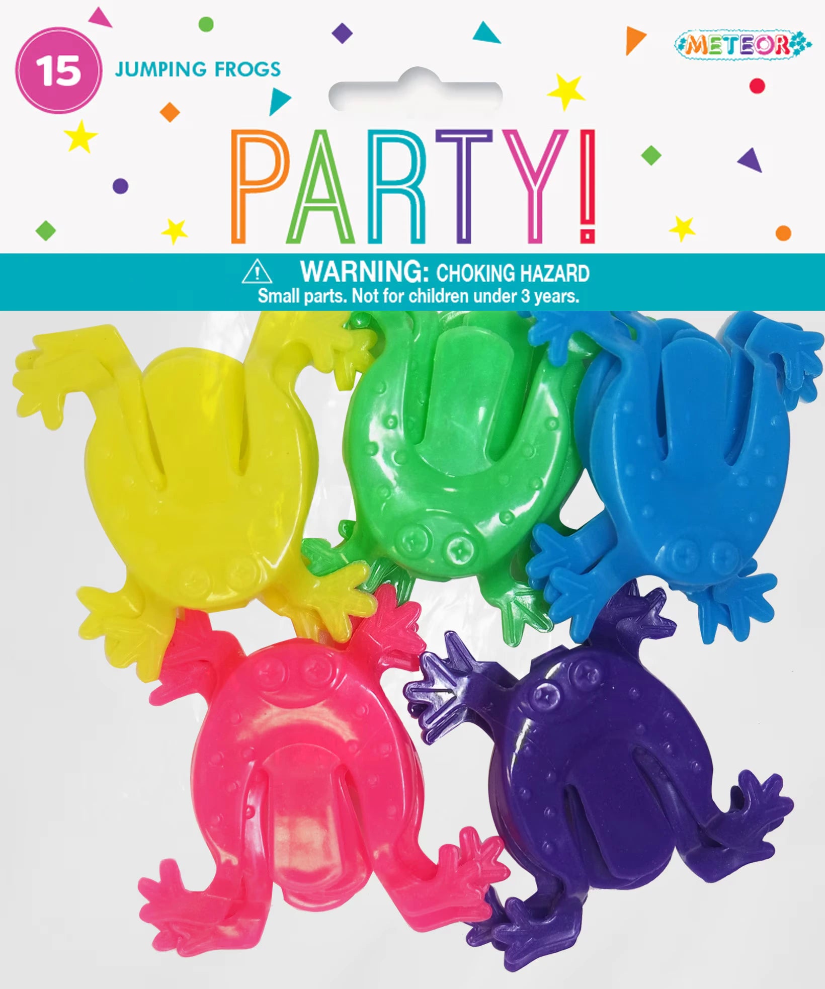 15 plastic frogs in assorted bright colours; frog shape with four legs spread out; packaged with a hanging header card; header card labelled '15 Jumping Frogs' and 'Party!'; frogs made of shiny plastic material;