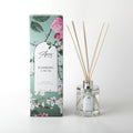 150ml clear glass diffuser bottle; silver metal collar; natural coloured reed sticks; floral patterned packaging in green and pink tones; label with raspberry & musk scent text;