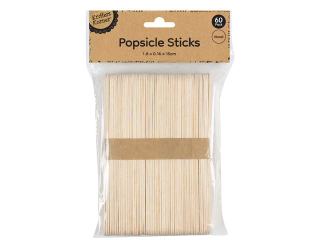 Natural light wood colour; Rectangular shape with rounded edges; Packed in clear plastic bag; 60 sticks visible in pack; Label with product details on top;