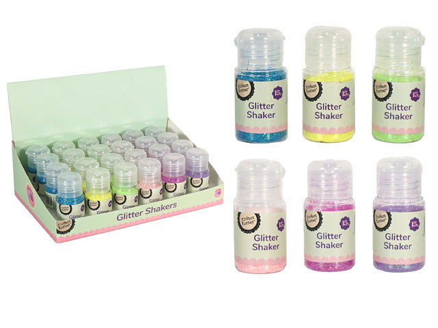 Plastic shaker bottles; Assorted pastel macaron colours; 15g glitter content indicated on label; Flip-top shaker lid; Box display packaging with multiple shakers;