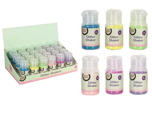 Plastic shaker bottles; Assorted pastel macaron colours; 15g glitter content indicated on label; Flip-top shaker lid; Box display packaging with multiple shakers;
