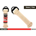natural cream colour cotton rope; braided twisted texture; 5mm thickness rope; 15m length rope coiled; black and red product packaging;